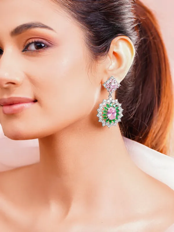 Pink_Green_Crystal_Floral_Drop_Earrings_For_Women