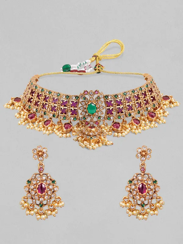 Multicolor_Kundan_Pearl_Drop_Choker_Necklace_Set_For_Women