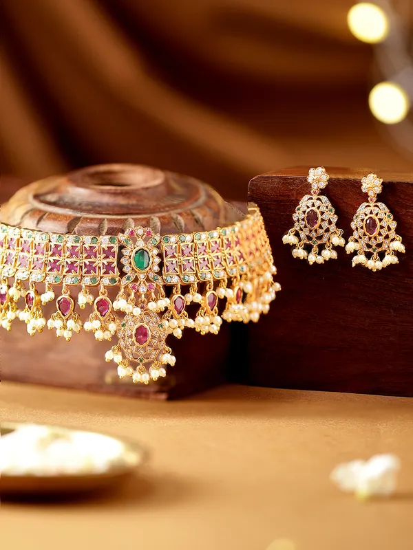 Multicolor_Kundan_Pearl_Drop_Choker_Necklace_Set_For_Women