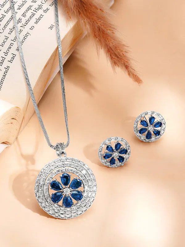 Blue_Floral_Pendant_And_Earrings_Jewellery_Set_For_Women