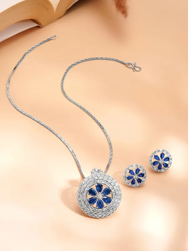 Blue_Floral_Pendant_And_Earrings_Jewellery_Set_For_Women