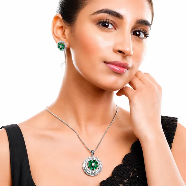 Silver_Green_Floral_Stone_Pendant_&_Earrings_Set_For_Women