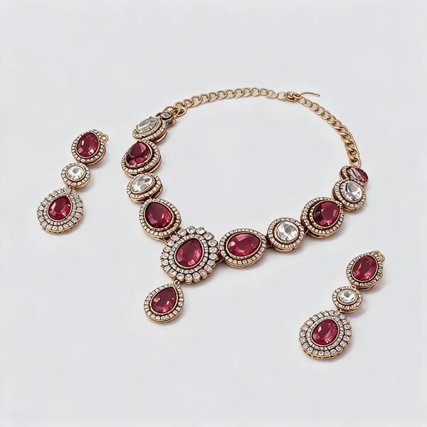 Ruby_Zirconia_Gold-Tone_Statement_Necklace_Set_For_Women