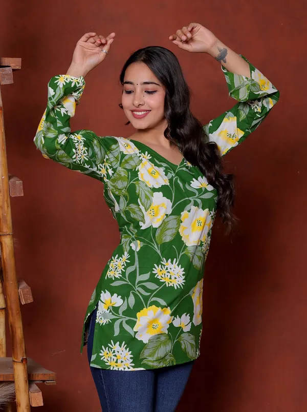 Green_Floral_Print_Straight_Kurti_For_Women