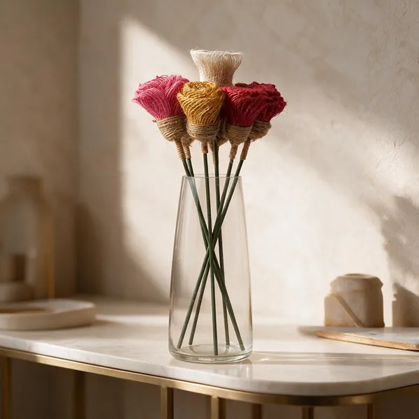 Jute_Fabric_Artificial_Flower_Arrangement_With_Glass_Vase_For_Home_Decor