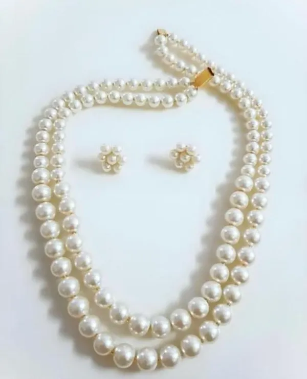 White_Pearl_Double_Strand_Necklace_And_Earring_Set_For_Women