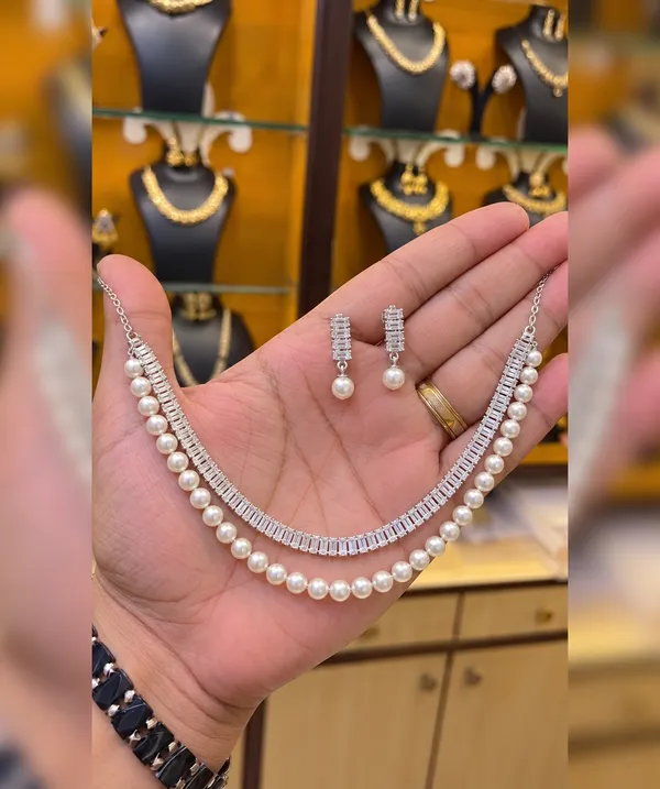 White_Pearl_Silver_Tone_Layered_Necklace_And_Earrings_Set_For_Women