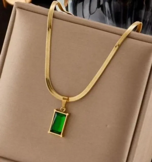 Gold_Tone_Green_Stone_Rectangular_Pendant_Necklace_For_Women