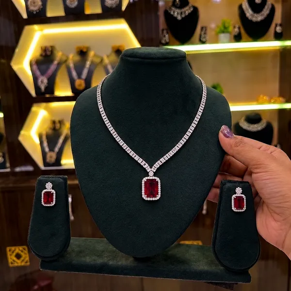 Silver_Tone_Red_Stone_Necklace_And_Earrings_Set_For_Women