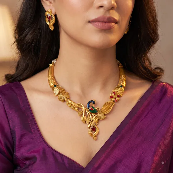 Gold_Tone_Peacock_Floral_Motif_Necklace_Set_For_Women