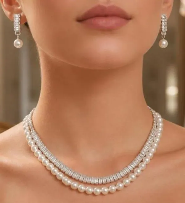 White_Pearl_Silver_Tone_Layered_Necklace_And_Earrings_Set_For_Women