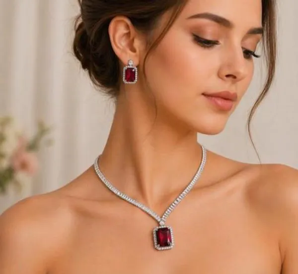 Silver_Tone_Red_Stone_Necklace_And_Earrings_Set_For_Women