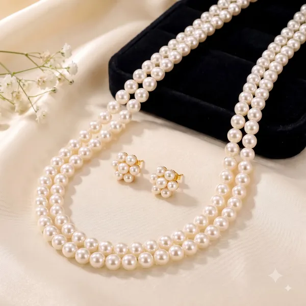 White_Pearl_Double_Strand_Necklace_And_Earring_Set_For_Women