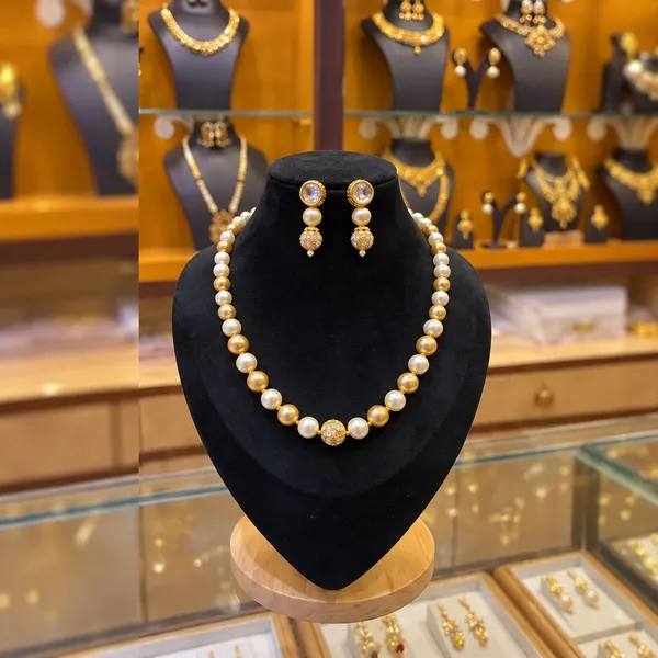White_Pearl_Gold_Tone_Pendant_Necklace_And_Earrings_Set_For_Women