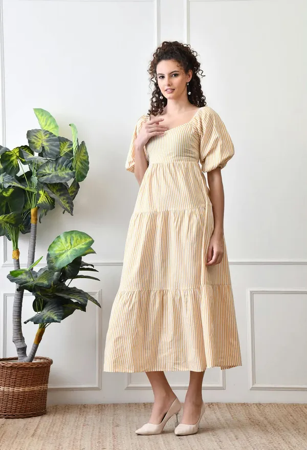 Cream_Cotton_Puff_Sleeve_Midi_Dress_For_Women