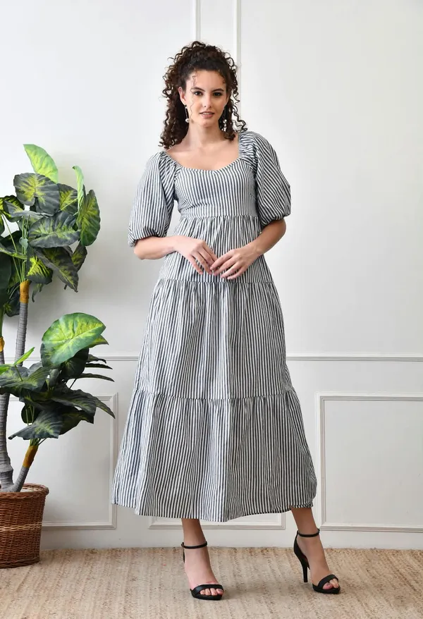 Grey_Cotton_Striped_Puff_Sleeve_Midi_Dress_For_Women