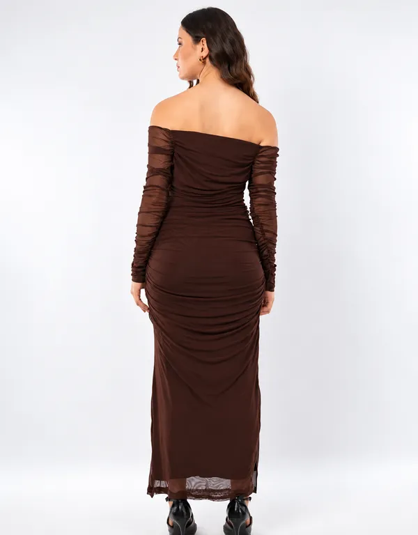 Brown_Net_Ruched_Off_Shoulder_Bodycon_Maxi_Dress_For_Women