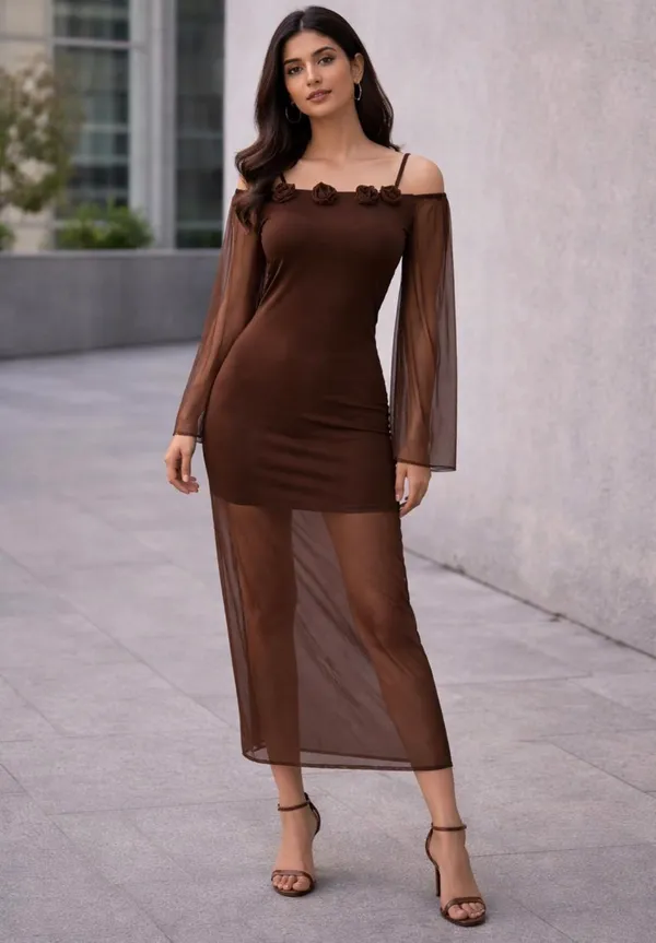 Brown_Net_Off_Shoulder_Bodycon_Dress_For_Women
