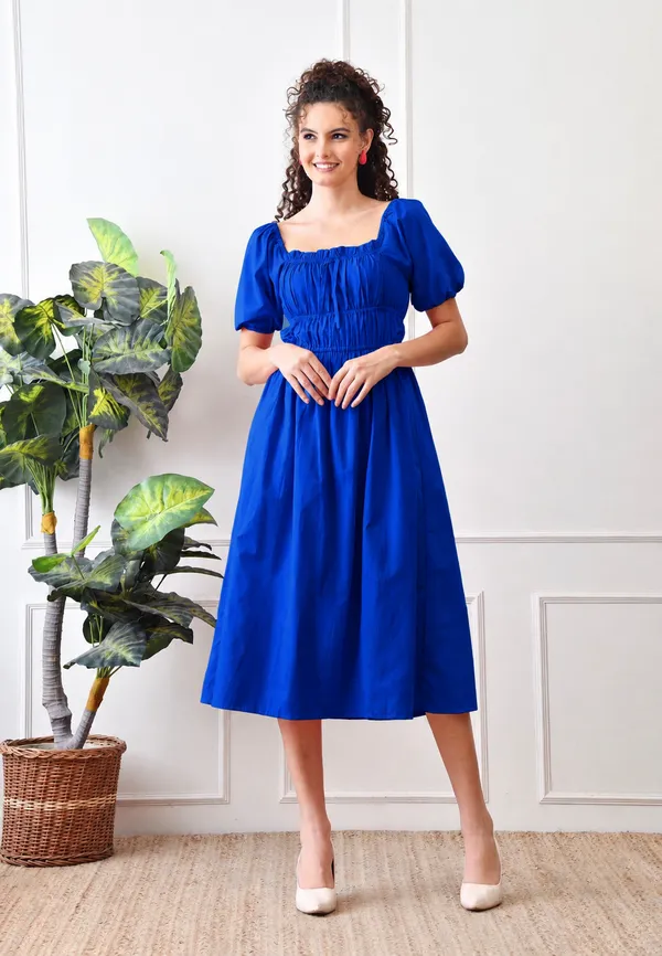 Blue_Cotton_Gathered_Midi_Dress_For_Women