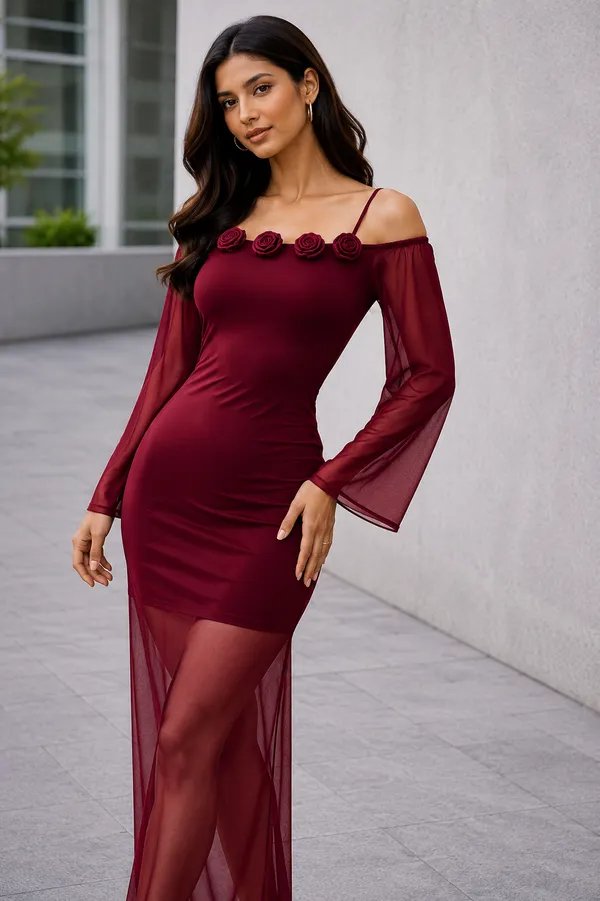 Maroon_Net_Bodycon_Maxi_Dress_For_Women