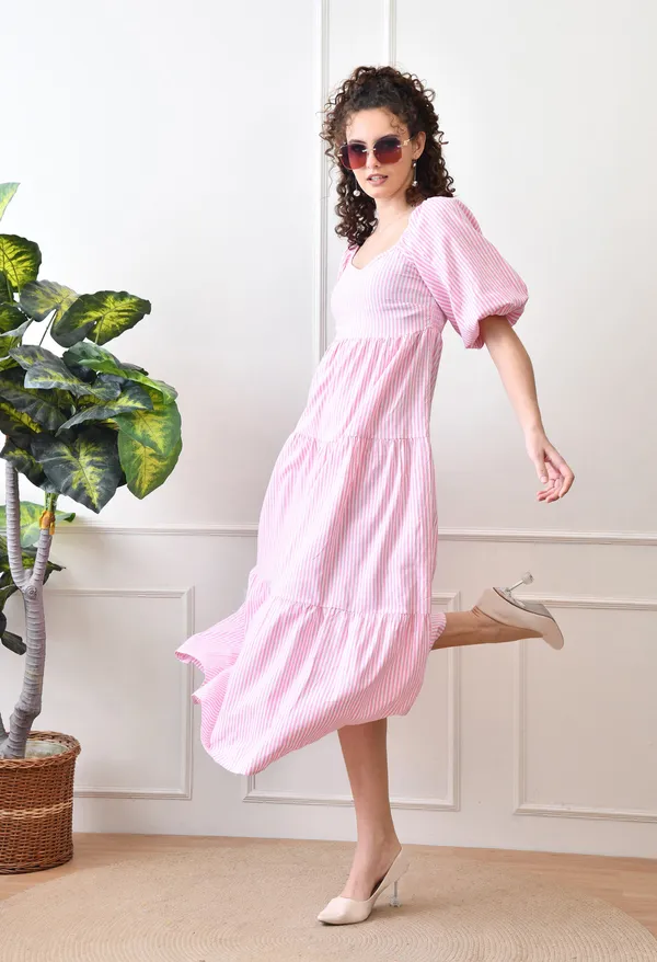 Pink_Cotton_Striped_Tiered_Midi_Dress_For_Women