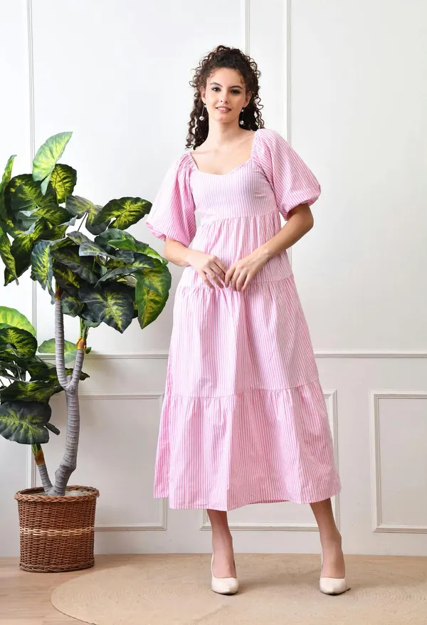 Pink_Cotton_Striped_Tiered_Midi_Dress_For_Women