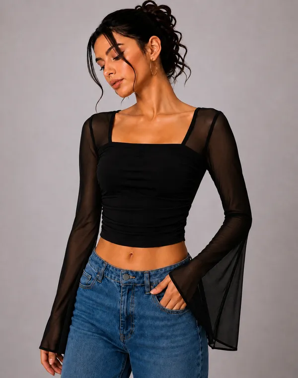 Black_Net_Mesh_Sleeve_Fitted_Crop_Top_For_Women