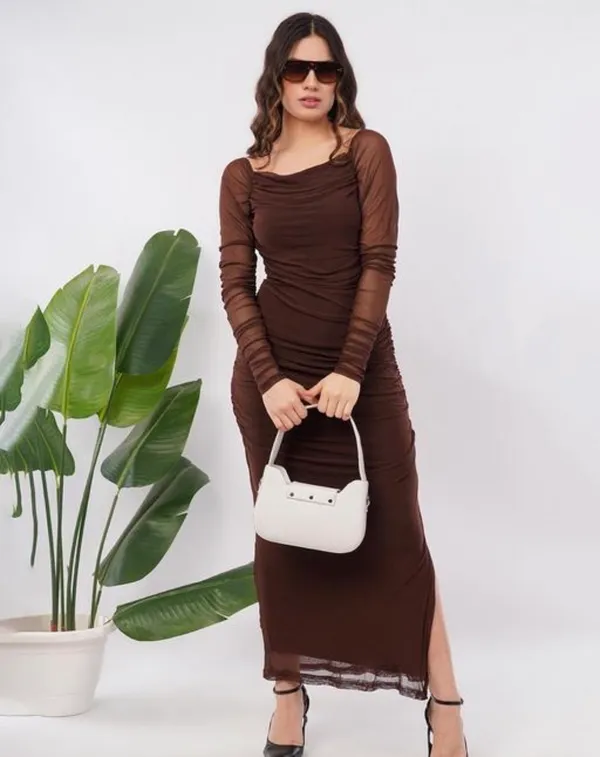 Brown_Net_Ruched_Off_Shoulder_Bodycon_Maxi_Dress_For_Women