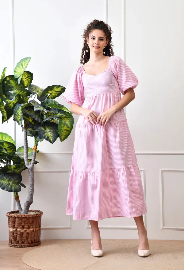 Pink_Cotton_Striped_Tiered_Midi_Dress_For_Women