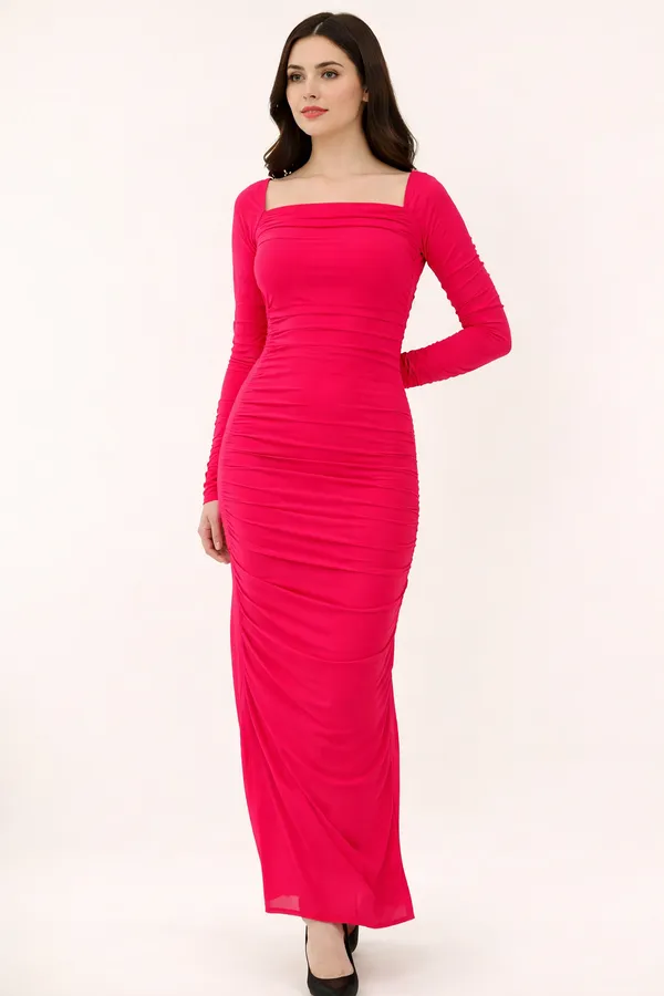 Red_Net_Ruched_Bodycon_Maxi_Dress_For_Women