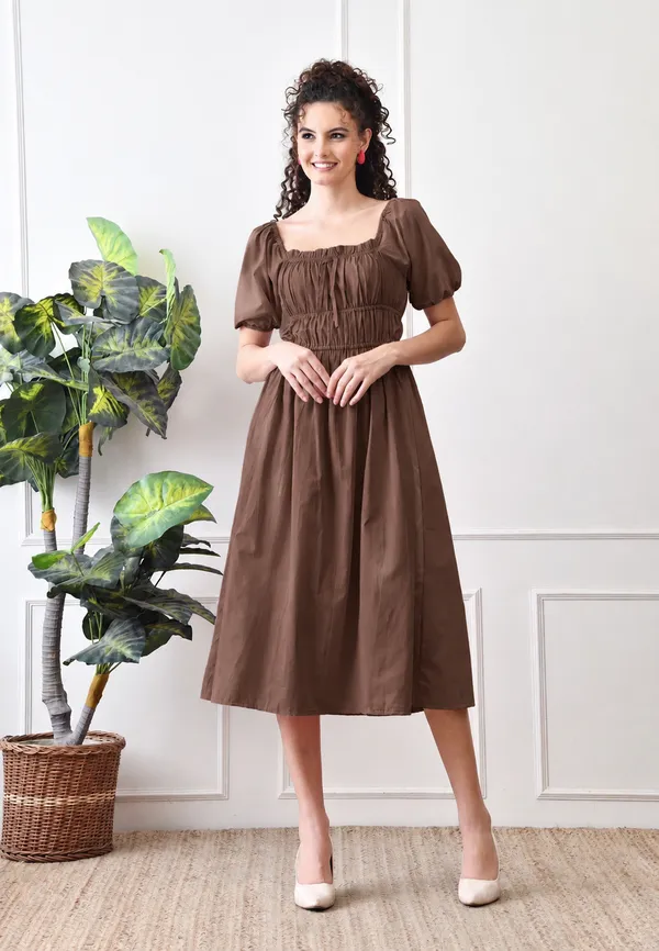 Brown_Cotton_Puff_Sleeve_Midi_Dress_For_Women
