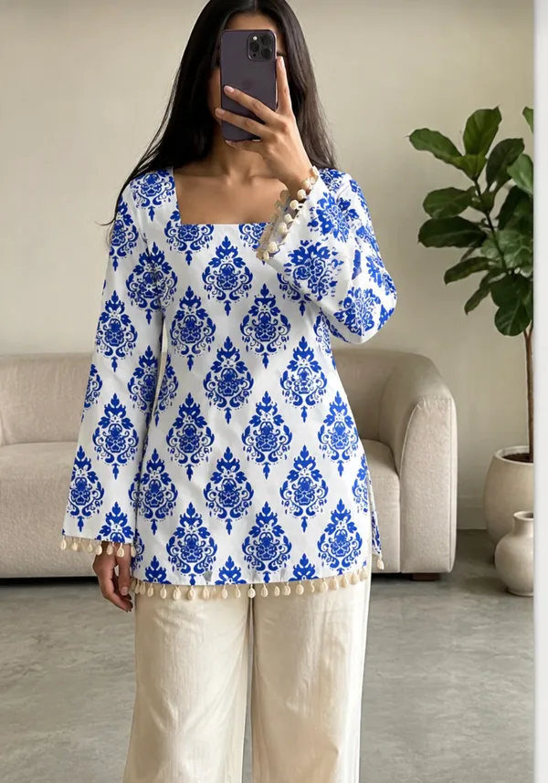 White_Blue_Cotton_Printed_Kurta_Set_For_Women