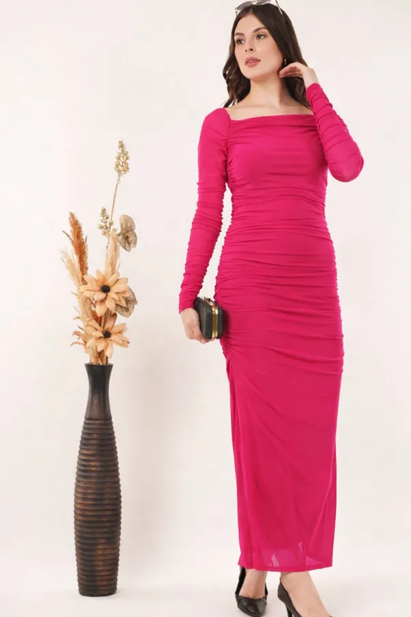 Pink_Net_Ruched_Bodycon_Maxi_Dress_For_Women