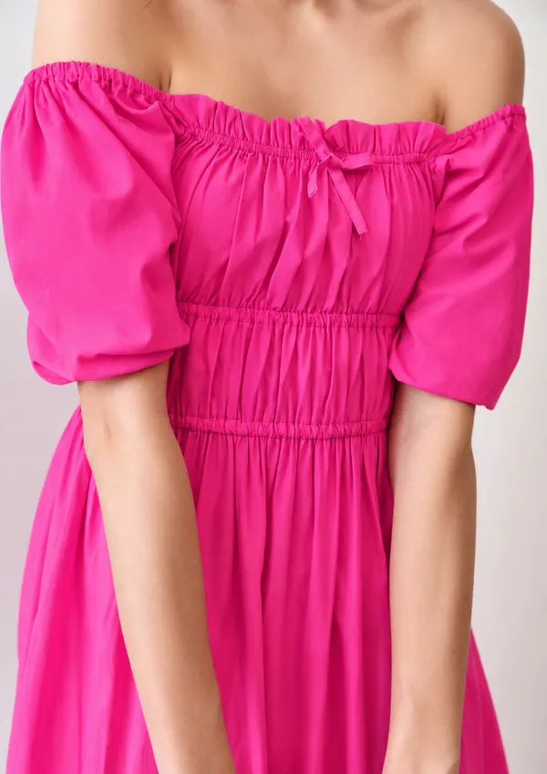 Pink_Cotton_Smocked_Puff_Sleeve_Midi_Dress_For_Women