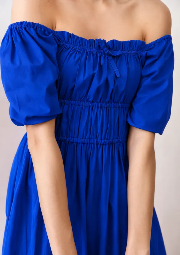 Blue_Cotton_Gathered_Midi_Dress_For_Women