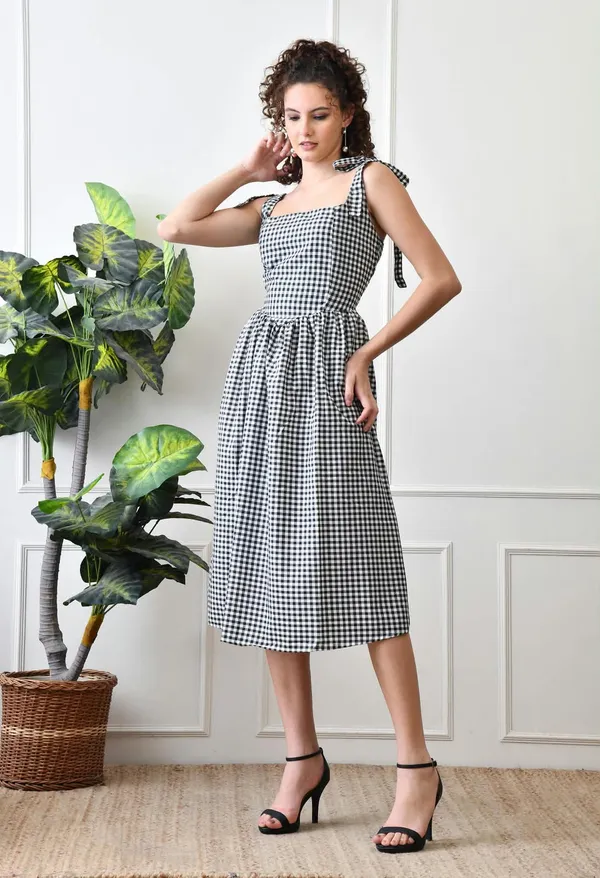 Black_White_Cotton_Gingham_Tie_Strap_Midi_Dress_For_Women