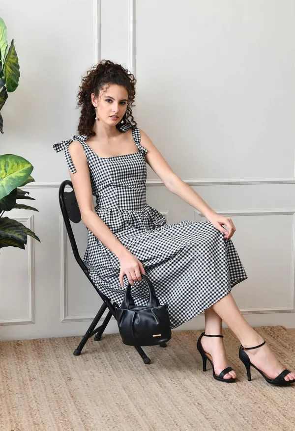 Black_White_Cotton_Gingham_Tie_Strap_Midi_Dress_For_Women