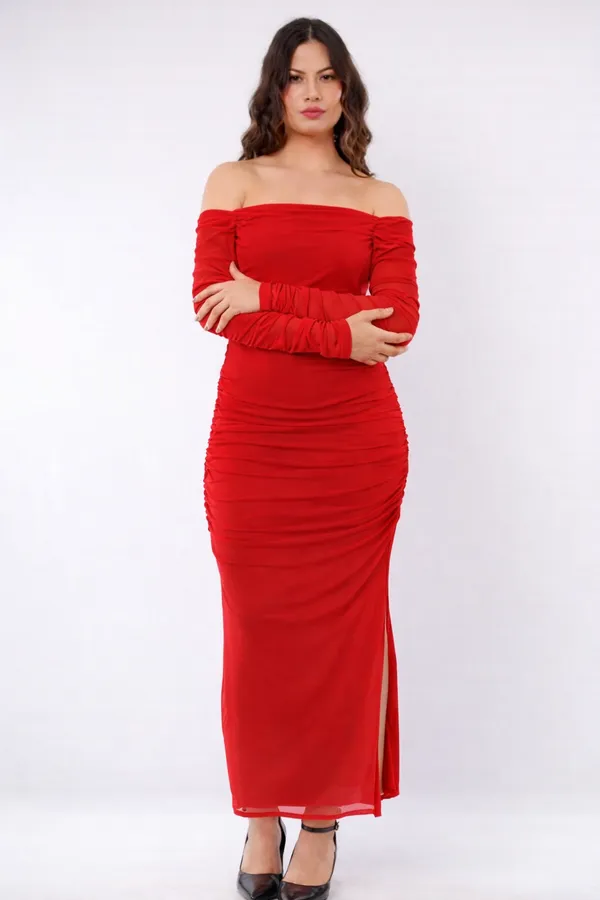 Red_Net_Ruched_Bodycon_Maxi_Dress_For_Women