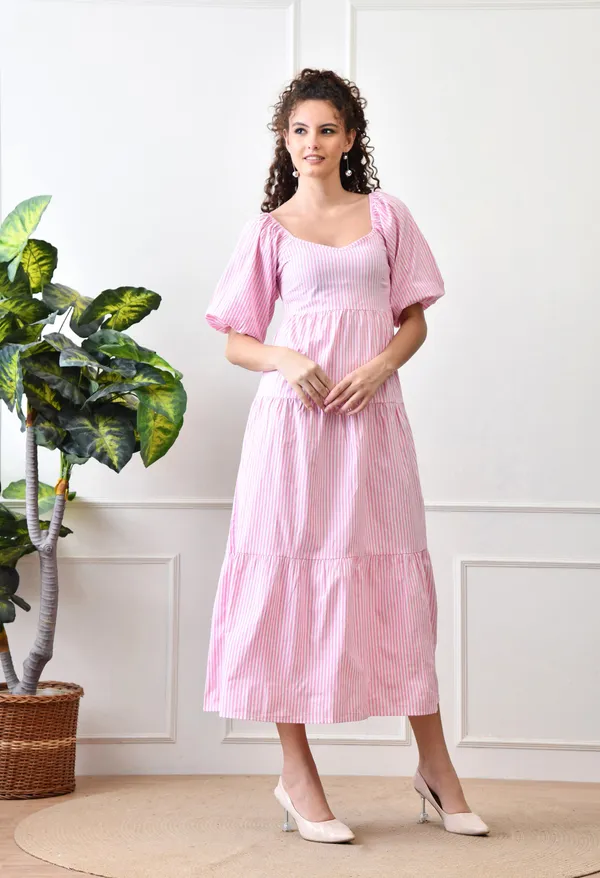Pink_Cotton_Striped_Tiered_Midi_Dress_For_Women