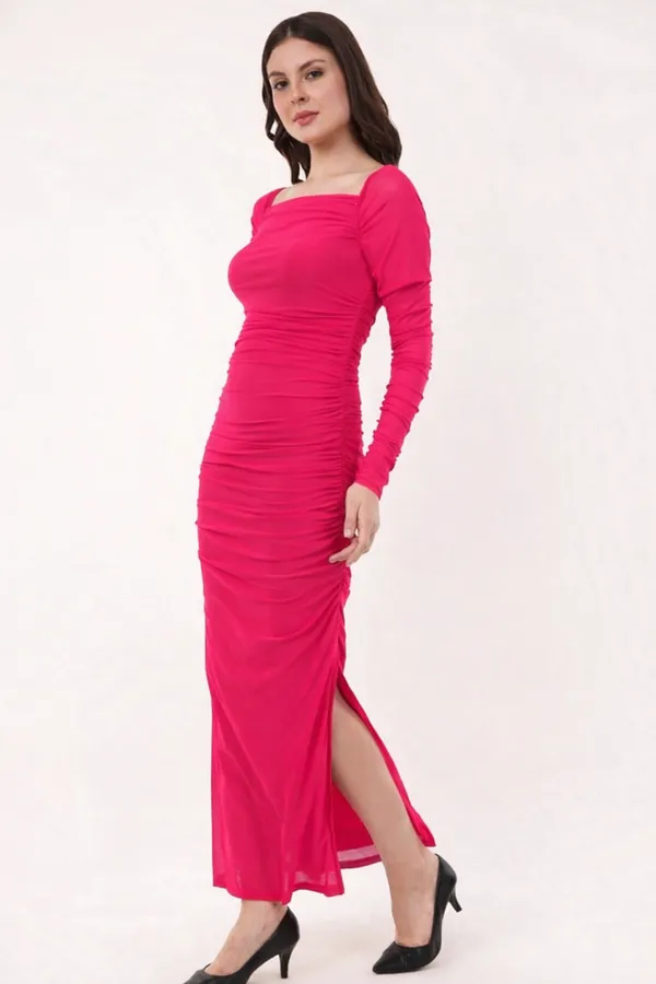 Pink_Net_Ruched_Bodycon_Maxi_Dress_For_Women