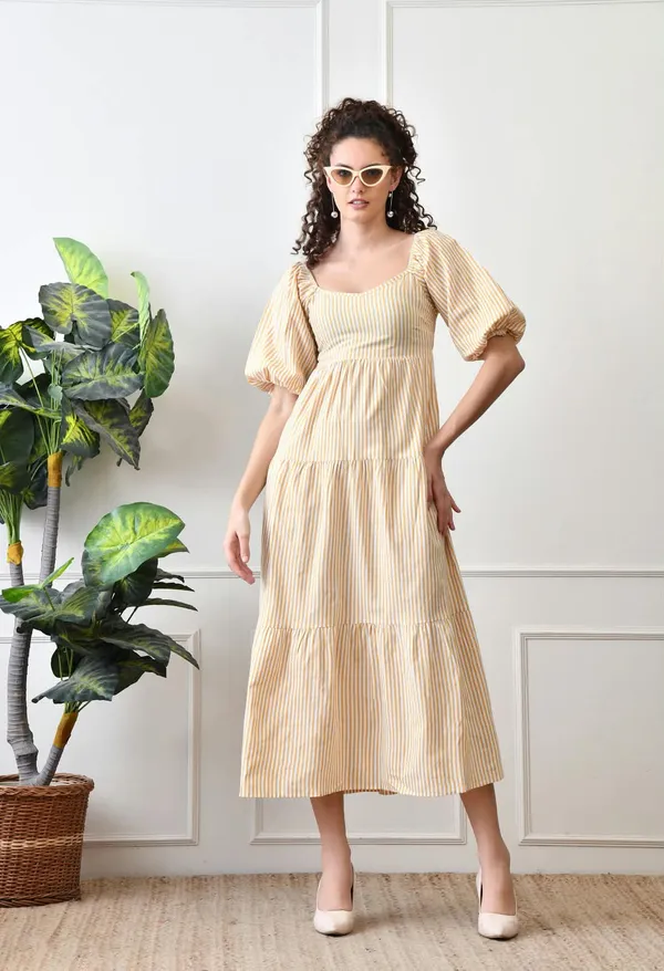 Cream_Cotton_Puff_Sleeve_Midi_Dress_For_Women