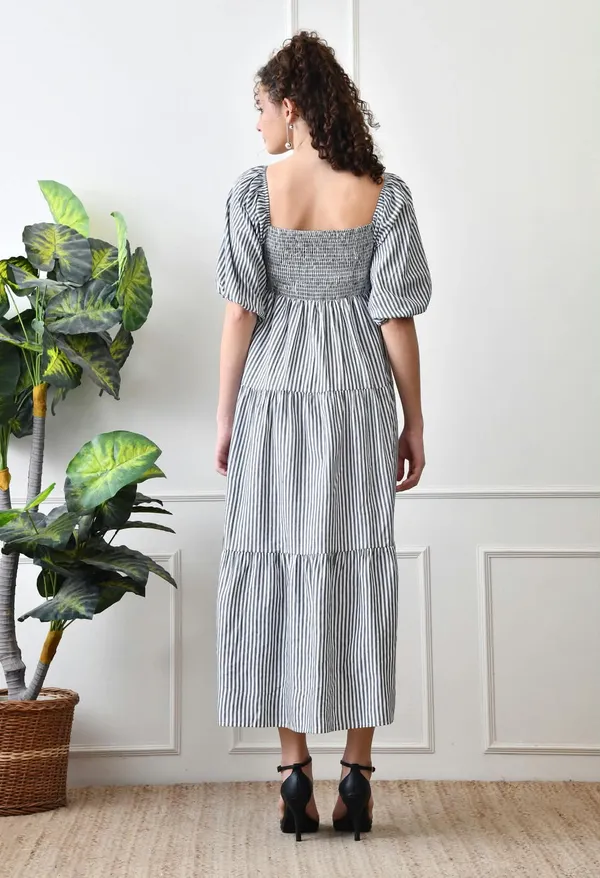 Grey_Cotton_Striped_Puff_Sleeve_Midi_Dress_For_Women