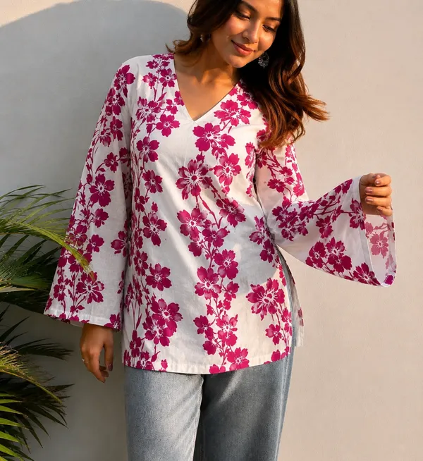 White_Cotton_Flared_Sleeve_Printed_Top_For_Women