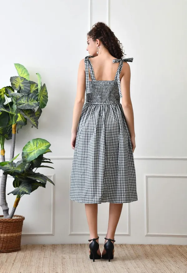 Black_White_Cotton_Gingham_Tie_Strap_Midi_Dress_For_Women