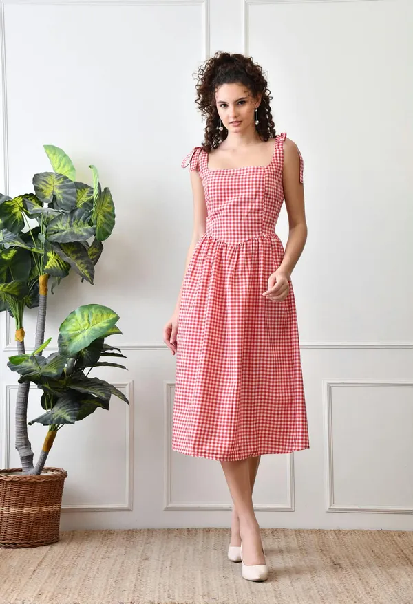 Red_Cotton_Gingham_Tie_Strap_Midi_Dress_For_Women