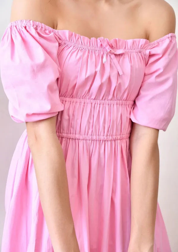 Pink_Cotton_Puff_Sleeve_Midi_Dress_For_Women