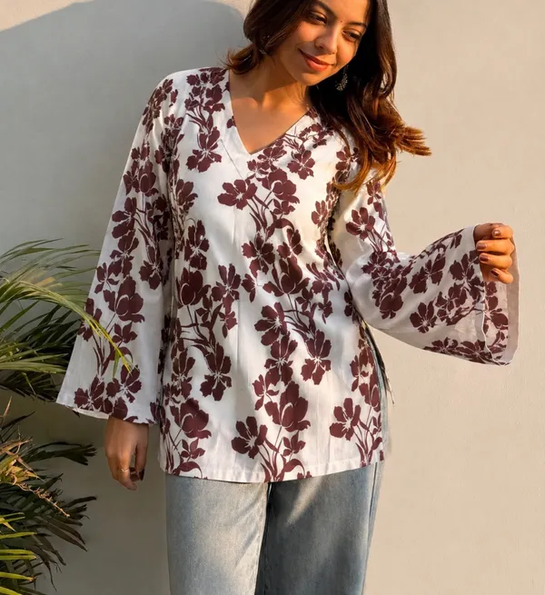 White_Cotton_Floral_Print_Bell_Sleeve_Top_For_Women