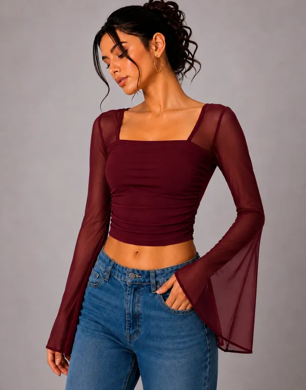 Maroon_Net_Sheer_Fitted_Crop_Top_For_Women