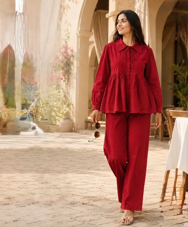 Red_Cotton_Korean_Style_Co_Ord_Set_For_Women