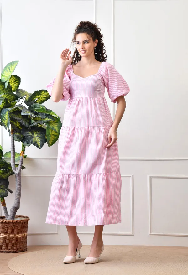 Pink_Cotton_Striped_Tiered_Midi_Dress_For_Women